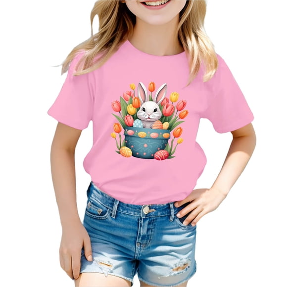 PMVFHDE Easter Girls Casual Tee Shirt Cute Rabbit Egg Design Spring Holiday Childrens Top Pink,12-18 Months