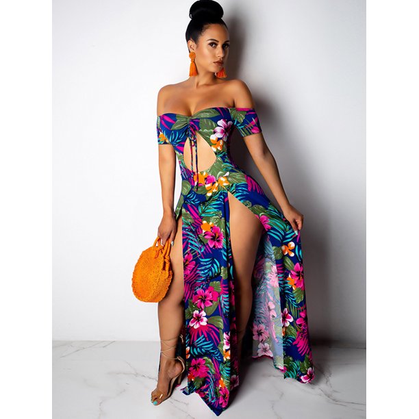 Women Boho Long Dress Off Shoulder Floral Leaves Print High Split Cutout  Summer Beach Holiday Maxi Dress 