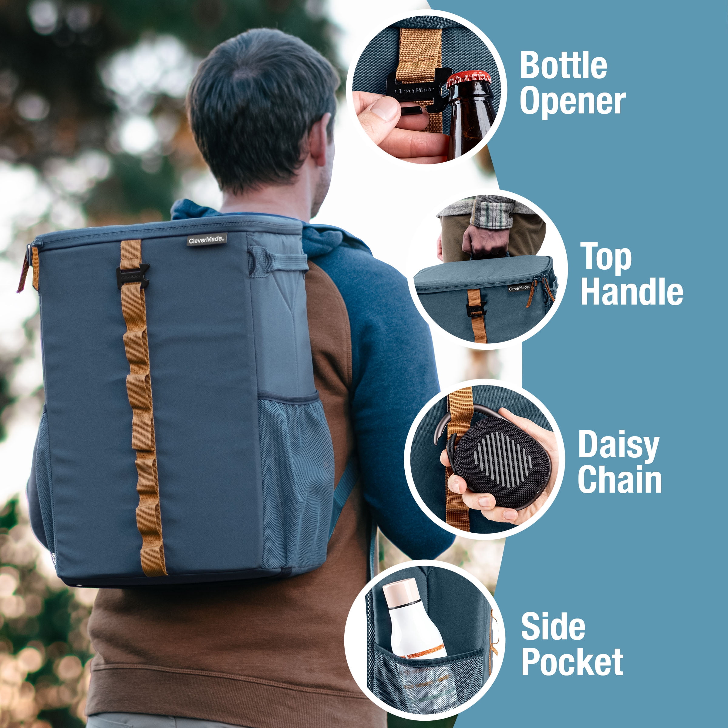 CleverMade Collapsible Backpack Cooler, Leakproof 24 Can Cooler - Ocean/Cognac