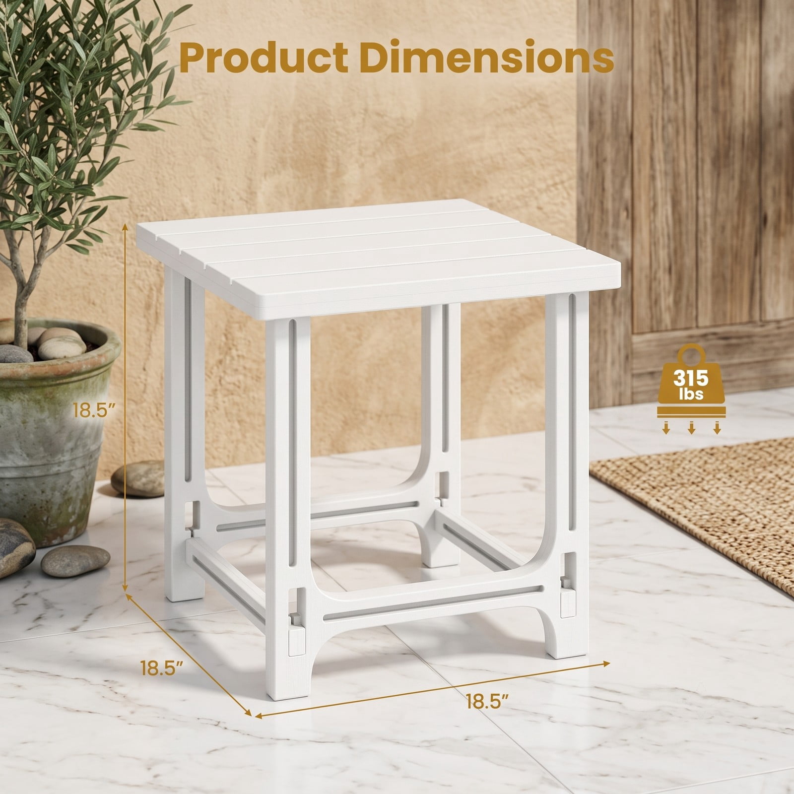 Furnibear Set of 2 18 Inch Square Outdoor HDPE Adirondack Side Tables with Slatted Top and X Panels for the Patio, White