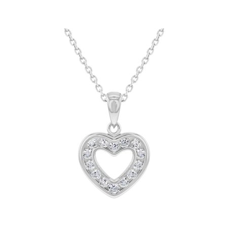 - 925 Sterling Silver Clear CZ Small Open Heart Pendant Necklace for Girls 16