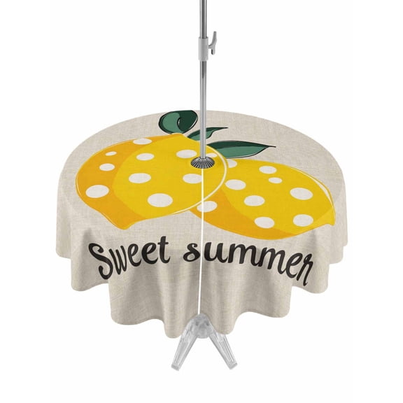 Outdoor Tablecloth with Umbrella Hole for Patio/Picnic/Party/Camping, Yellow Lemons Waterproof Table Cloth Round Cover Washable, Summer Botanical Farmhouse Rustic (Dia 60")