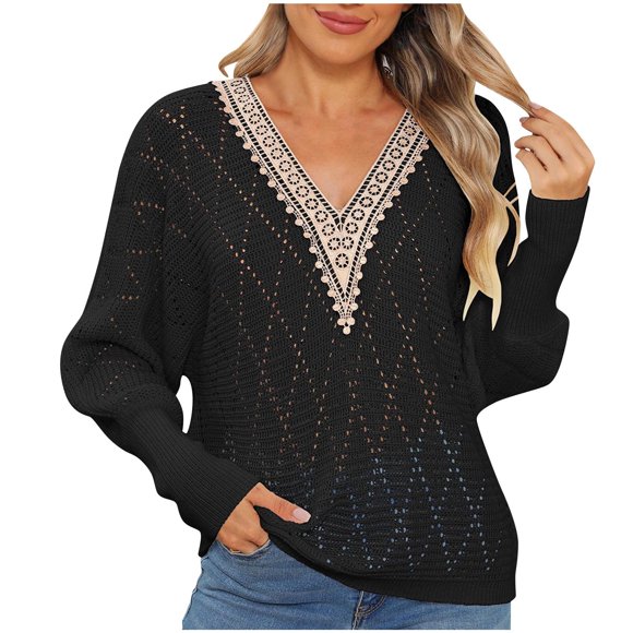Chandail à Col Roulé Surdimensionné Chandails pour Femmes Décontracté à Manches Longues Col en V Léger Chandail au Crochet à Enfiler Hauts Chandails d'Automne pour Femmes 2024 S-30 Noir TG