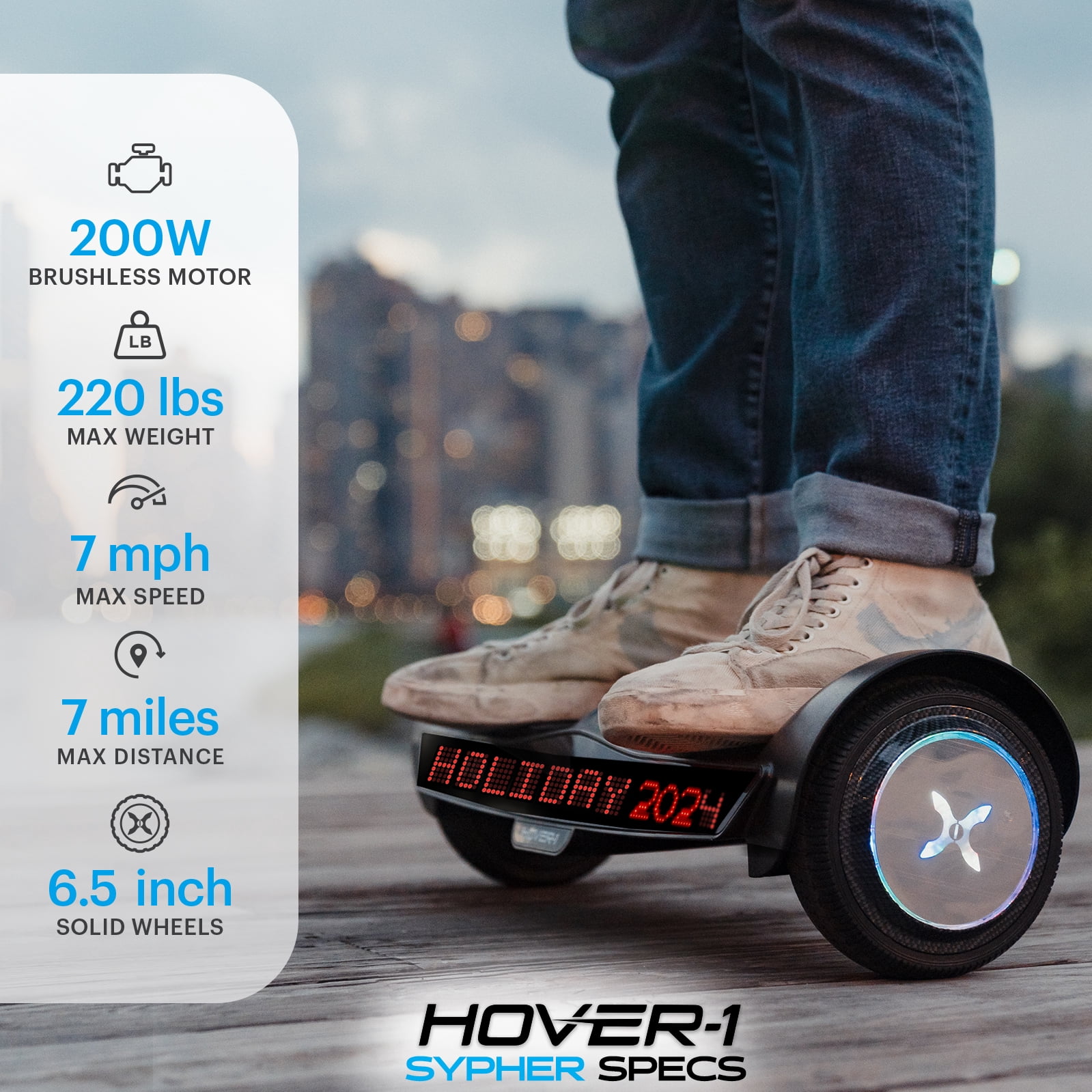 Hover-1 Sypher Electric Hoverboard with Customizable Screen for Teens, 7 mph Max Speed, Black