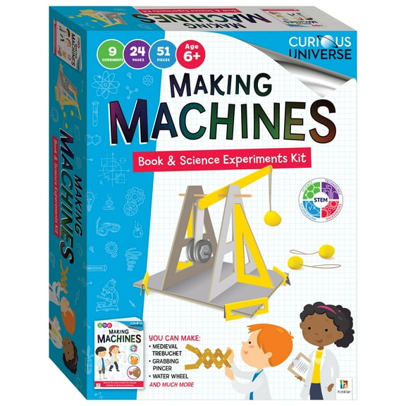 Curious Universe Kids: Making Machines - Book & Science Experiments Kit, STEM Educational Kits, Build A Catapult, 9 Experiments, Includes 51 Pieces, Learn Robotics & Physics, Hinkler, Kids Ages 5-7
