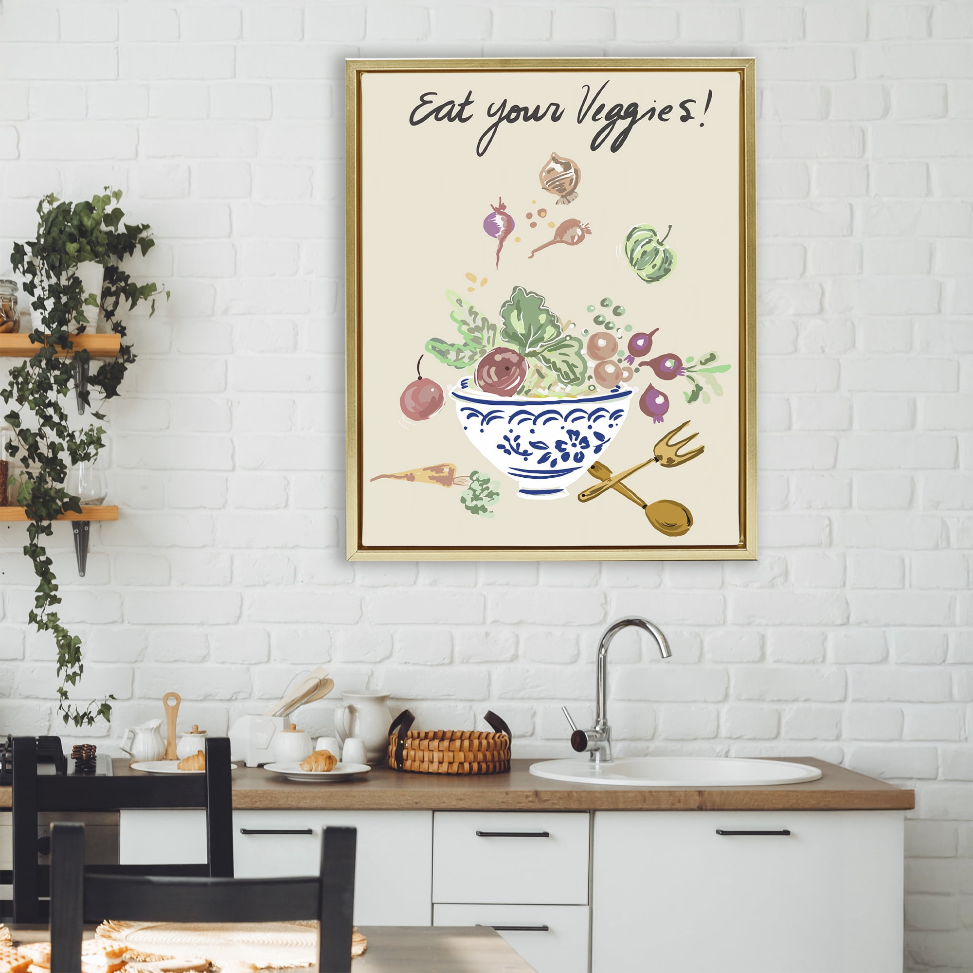 Stupell Industries Eat Your Veggies Bowl Gold Framed Floater Canvas Wall Art, design by Ani Del Sol