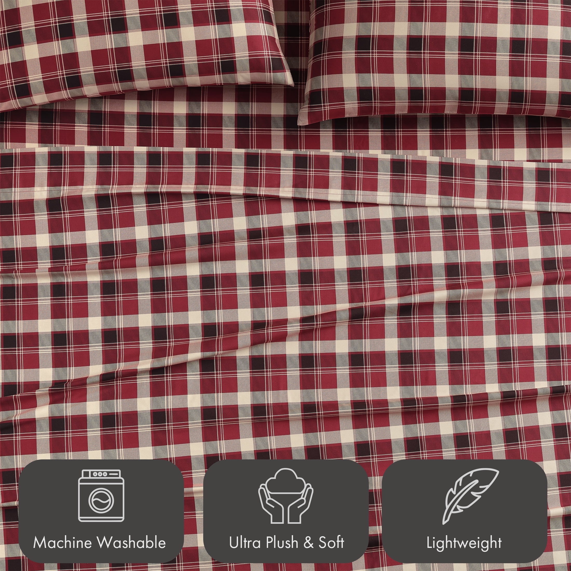 Pawz Full Sheet Set, Soft Microfiber Printed Bed Sheets with 2 Pillowcases, Red Plaid, Full Size