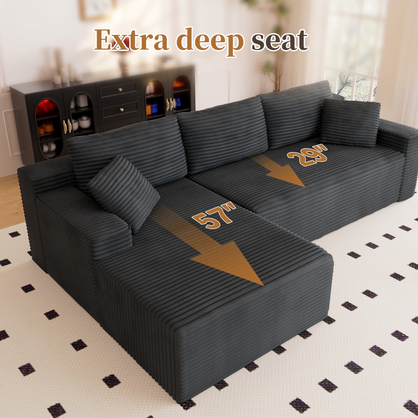 Lunale 105" Modular L-Shaped Sectional Sofa, Boneless Cloud Couch, No Assembly Required, Modern Deep Seat Corduroy Sofa for Living Room, Dark Gray (Left Facing Chaise)