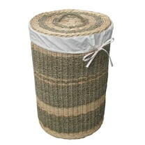 D-Art Collection Round Wicker/Rattan and Linen Costa Laundry Hamper in Natural