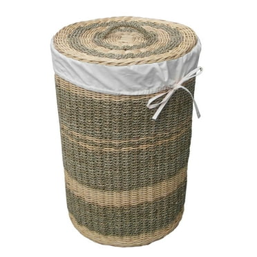D-Art Collection Round Wicker/Rattan and Linen Costa Laundry Hamper in Natural