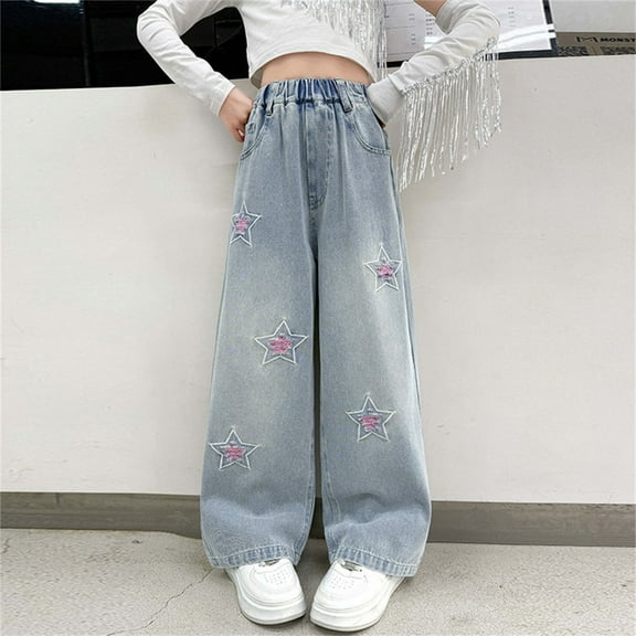 XQYLOS Cute Star Embroidered Patchwork 𝖸𝟤𝗄 High Waisted Straight Leg Baggy Jean for Teen Girls, Casual Demin Pants 𝖵intage Streetwear Fashion Comfort 𝖲tretch