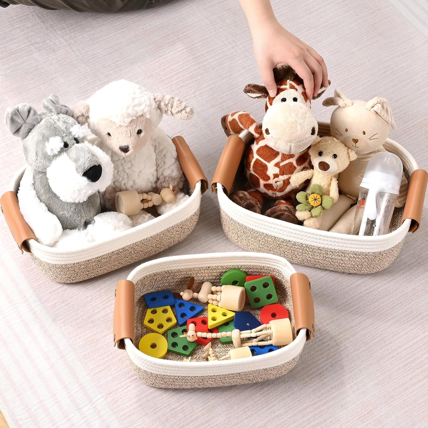 Natubeau Set of 6 Storage Basket for Organizing, Including 4 with Leather Handles & 2 Small Gifts Baskets, Rectangle Bins for Shelves, Brown & White