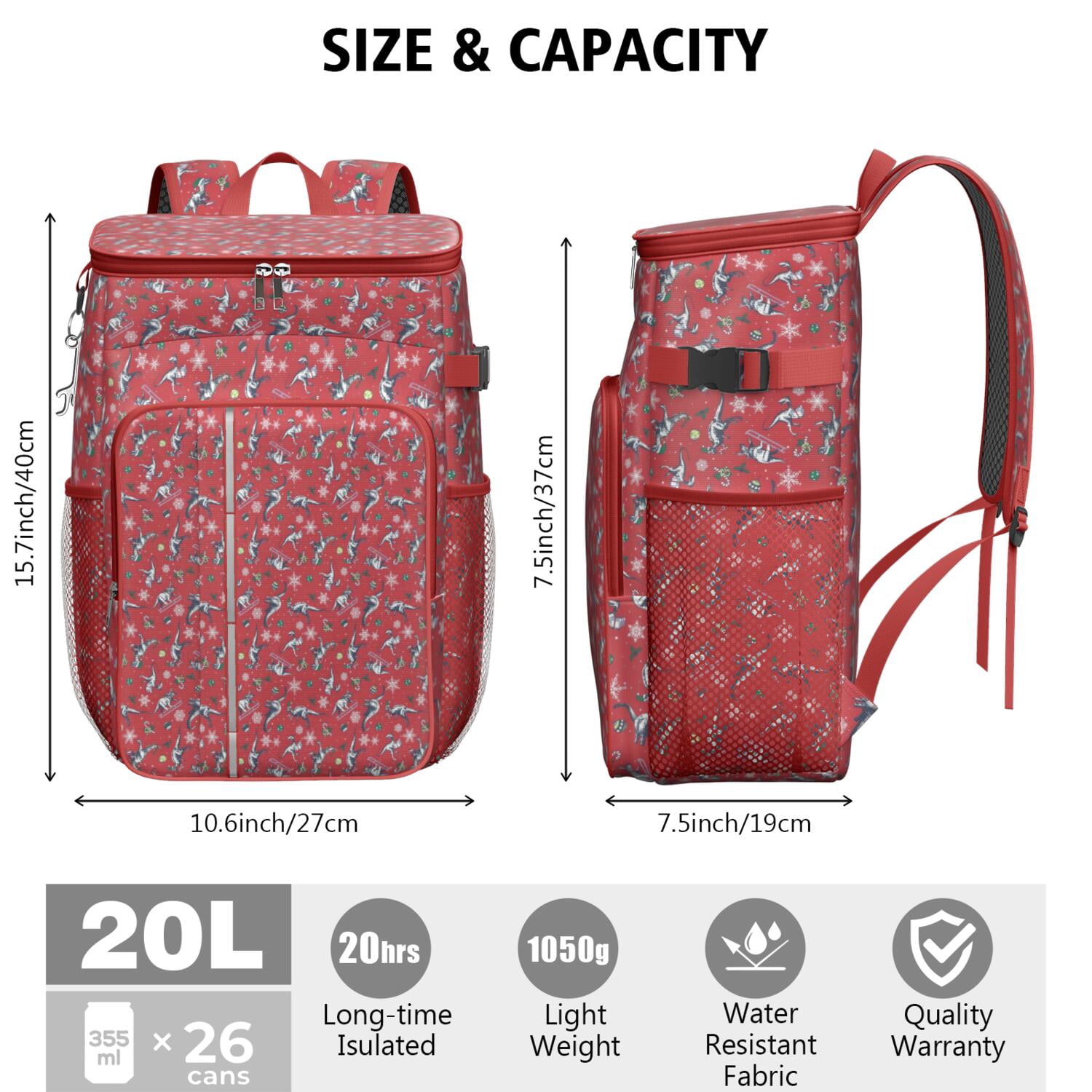 Travel Cooler Bag - Red Cartoon Dinosaurs Snowflakes Pattern Camping Beer Cooler Backpack with Bottle Opener- Waterproof Insulated Picnic Backpacks - Cooler Bag for Beach