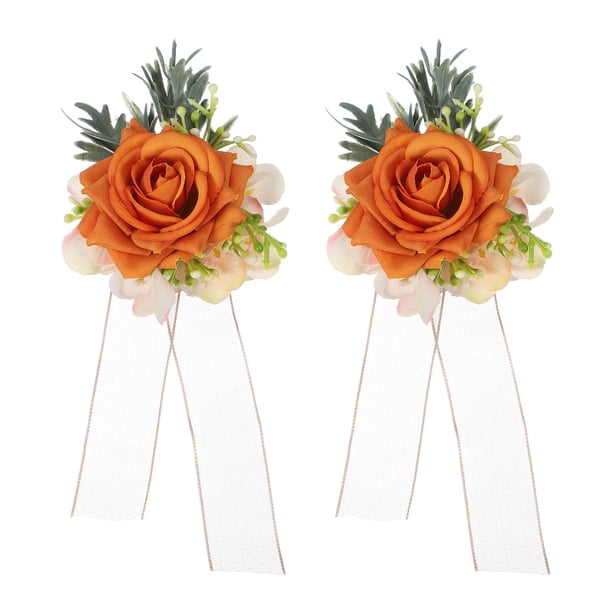 Uxcell 2 Pcs Corsage de Muñeca de Flores Naranjas, Pulseras de Flores Artificiales para Boda Novia Novio Ceremonia Aniversario Baile Fiesta