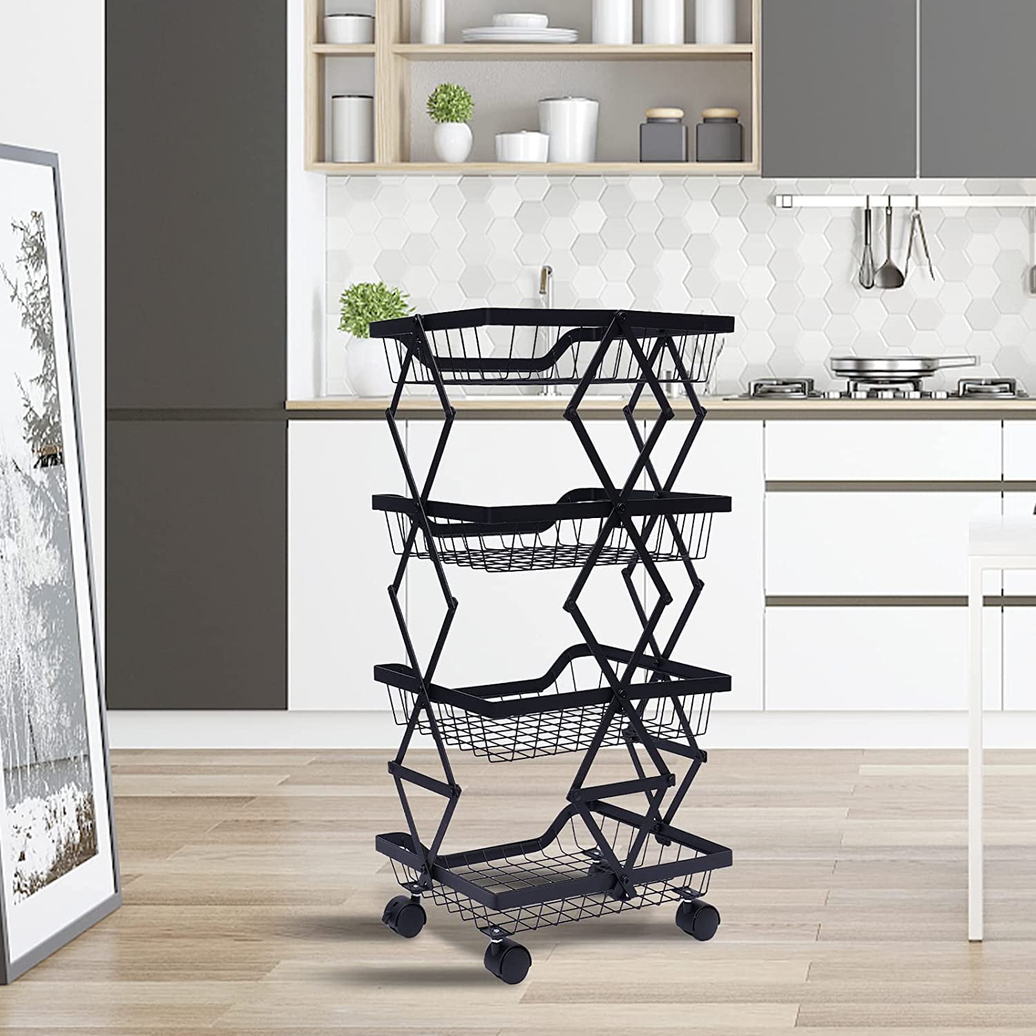 DENEST 4 Tier Rolling Cart Folding Shelf Kitchen Basket Rack Storage