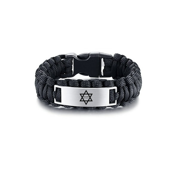 Mens Star of David Paracord Bracelet Hebrew Names of God Yhvh Protection Cuff Bangle, Jewish Kabbalistic Wristband for Israeli Tetragrammaton Symbol Jewelry for Man, 9 inch, Black