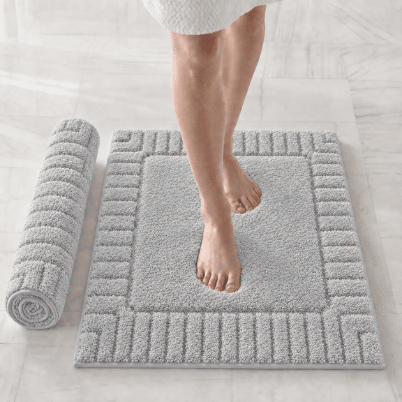 Frabe Bathroom Rug, Extra Soft Plush Microfiber Shower Mat with Recessed Frame, Non-Slip Quick-Dry Machine Washable for Bathtub and Sink, Light Grey 24"x43"