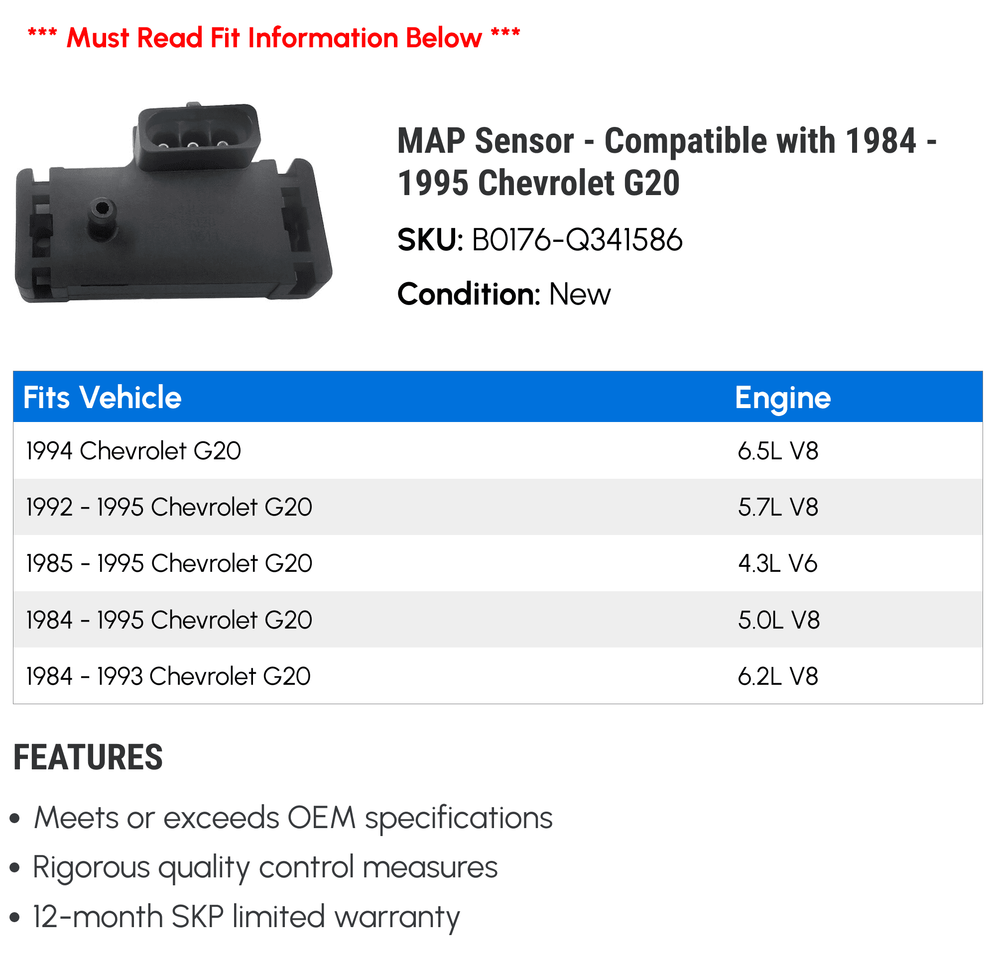 MAP Sensor - Compatible with 1984 - 1995 Chevy G20 1985 1986 1987 1988 1989 1990 1991 1992 1993 1994