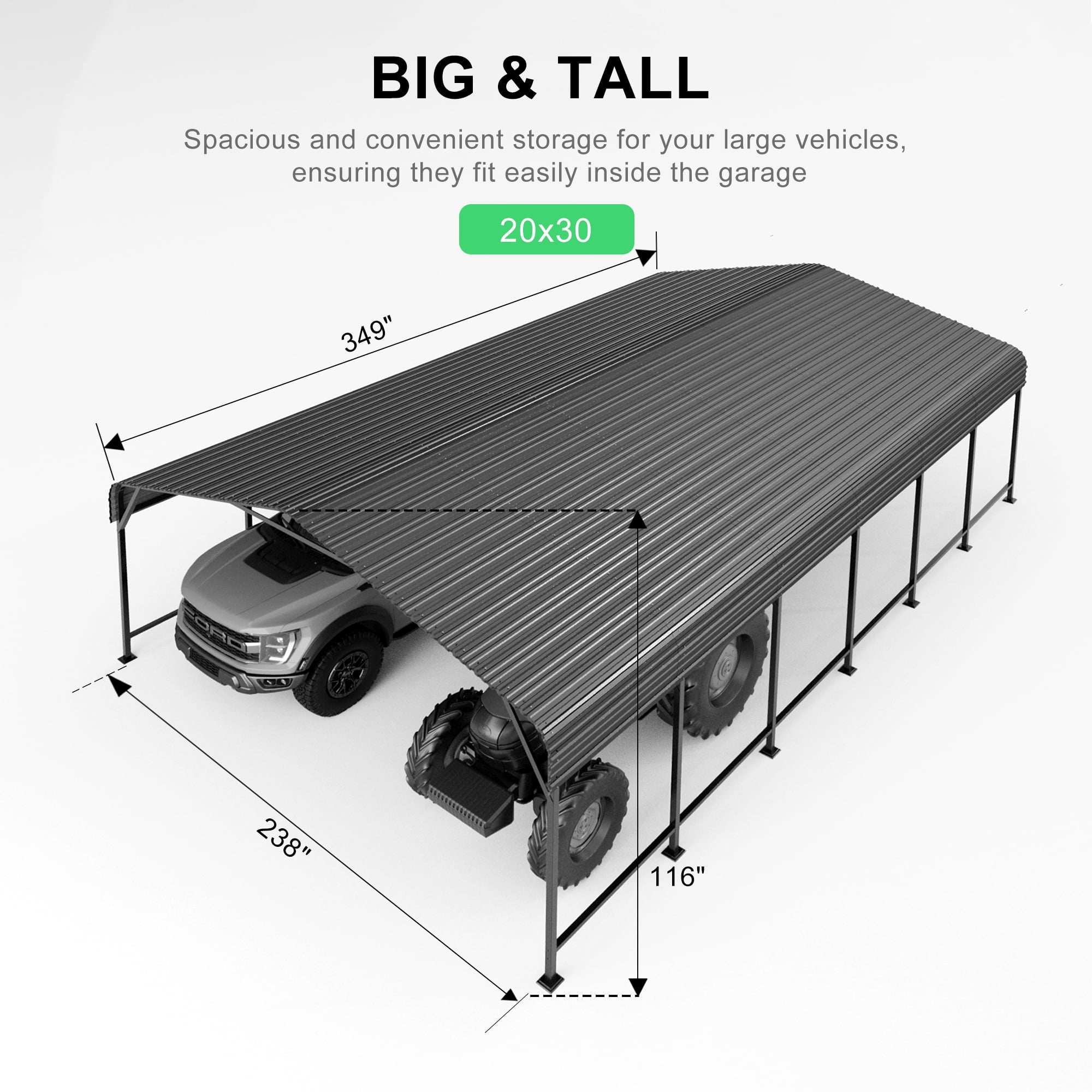 PABIMIA 20x30 FT Heavy-Duty Galvanized Steel Carport, Outdoor Metal Shelter for Cars, Trucks & Equipment, Black