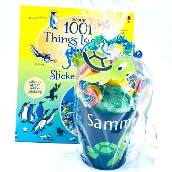 Turtle Gift Basket - Kids Sea Life, Personalized, Birthday, Ocean Theme, 4.25" H, Ages 3 - 10