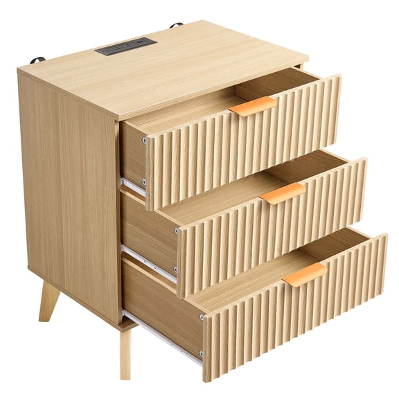 KFFKFF Fluted Nightstand with Charging Station, featuring 3 Drawers, Mid-Century Modern End Table for Bedroom, Bedside Storage Cabinet with Khaki Finish, Suitable for Living Room or Bedroom