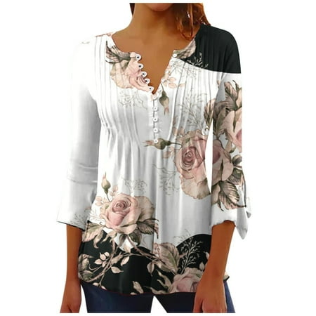 Clearance under $5 JINMGG Fall Shirts Plus Size Women Women s Casual Trumpet 3/4 Sleeve Printed Buttoned Basic Ruched Corset Tunic Tops Pleated T-Shirts Blouses White M
