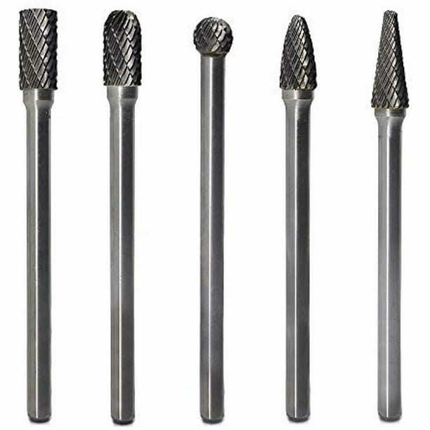Carbide Burrs Set 5pcs 1/4 Inch Shank Diameter Extended Long Double Cut Edge For