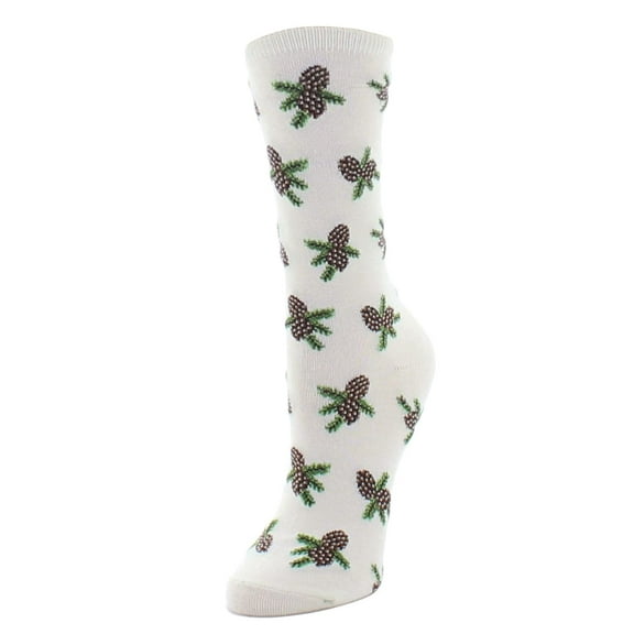 MeMoi Pinecones Bamboo Blend Novelty Crew Socks - Womens - Female, 9-11, Winter White