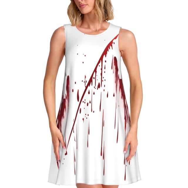 Easygdp Bloody Hand para Vestido Transpirable de Mujer, Vestido Suelto de Manga Corta con Pliegues y Bolsillos para el Verano