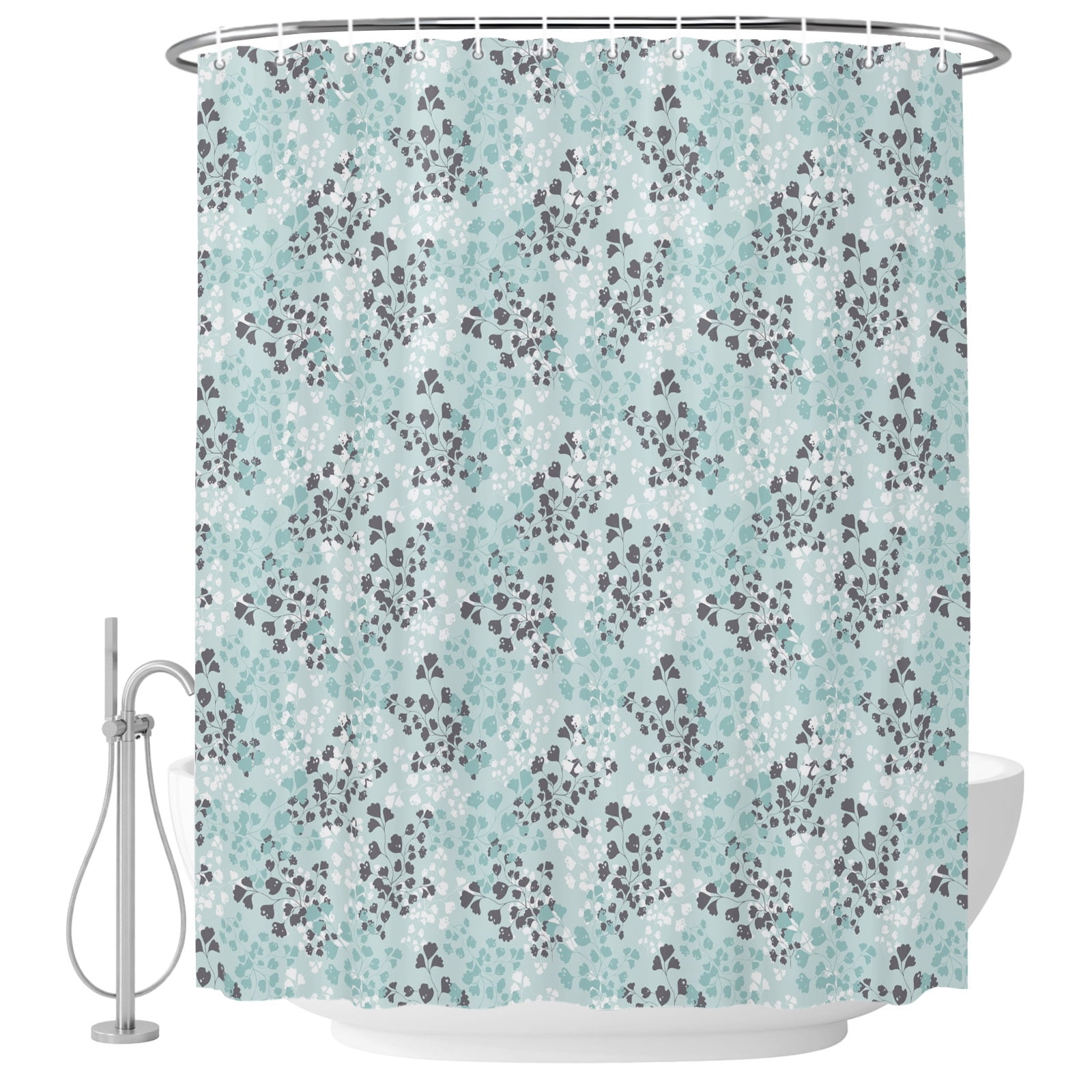 Shower Curtain Bathroom Set Blue Brown Flowers Waterproof Fabric Shower Curtains with Grommets&Hooks Tiny Petals Ginkgo Leaves Privacy Bath Curtain for Bathtub 36x72in