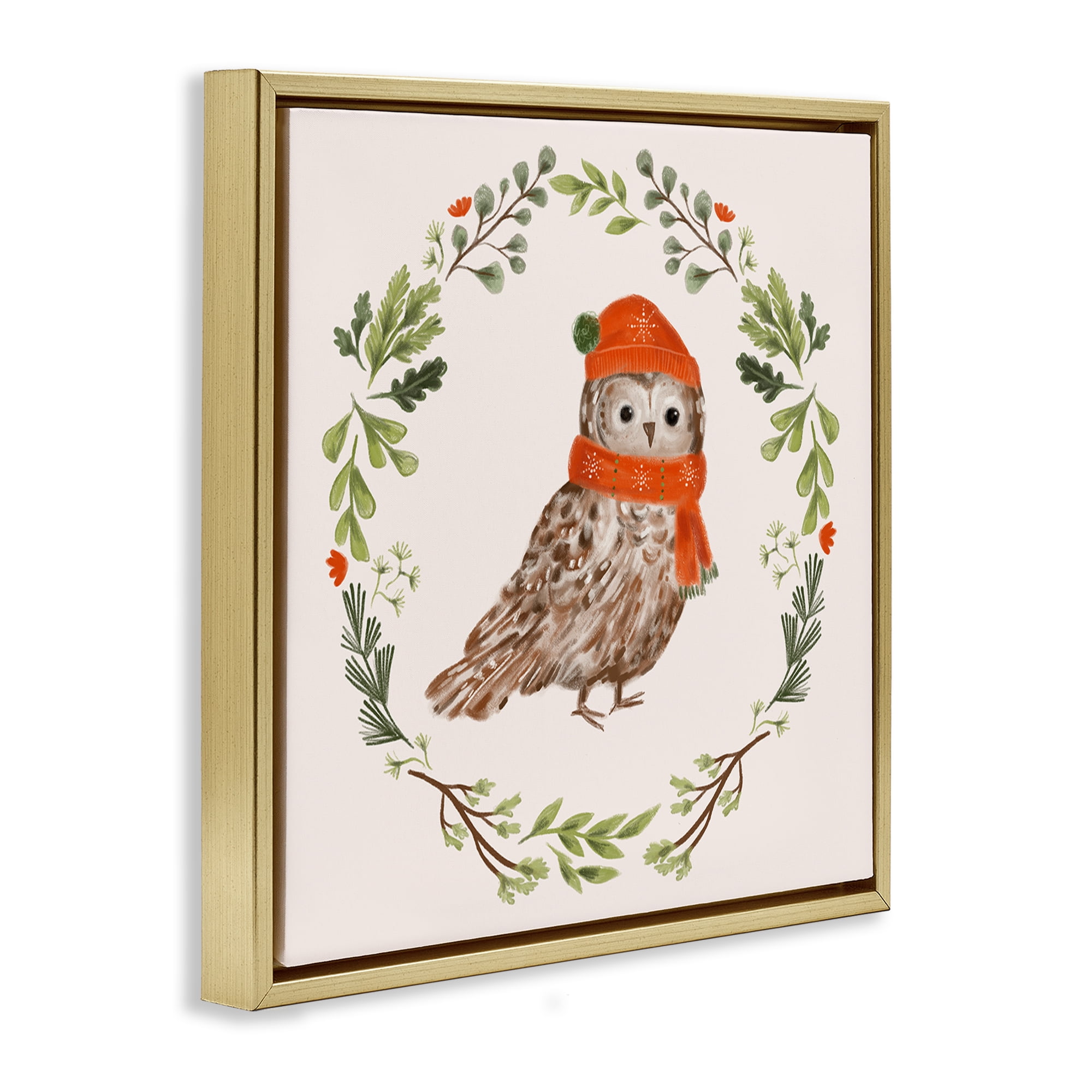 Stupell Industries Holiday Owl Wreaf Holiday Painting Gold Floater Framed Canvas Art Prints Wall Art, 25 x 25