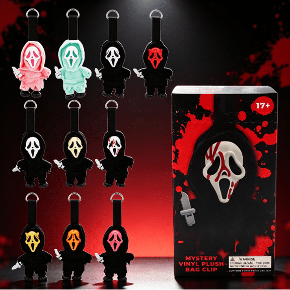 Ghost Face Mystery Plush Bag Clip, Mystery Blind Box Collectible, One Random Plush Key Ring, Halloween Backpack Ornament, Fun Surprise Gift for Kids & Teens