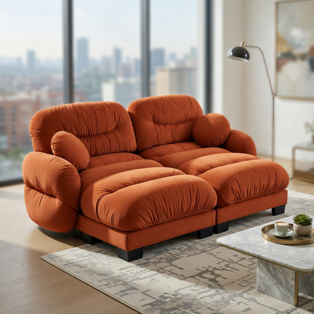 Hommoo Chenille 2-Seater Modular L-Shaped Sectional Sofa with Ergonomic Foam, Curved Armrests, 2 Ottomans & Throw Pillows, Pleated Back Design, Orange