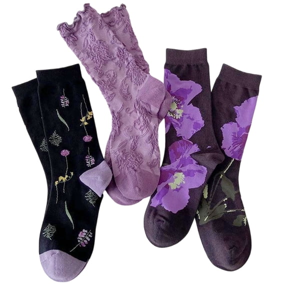 Kicpot 3 Packs Crew Socks Purple Floral Socks Athletic Sock Cute Women's Vintage Embroidered Ruffled Flower Socks Country-Style Socks