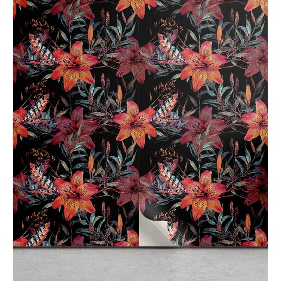 Ambesonne, Tropical Jungle Peel & Stick Wallpaper for Home, Night Tiger Pattern, 13"x36", Charcoal Grey and Vermilion
