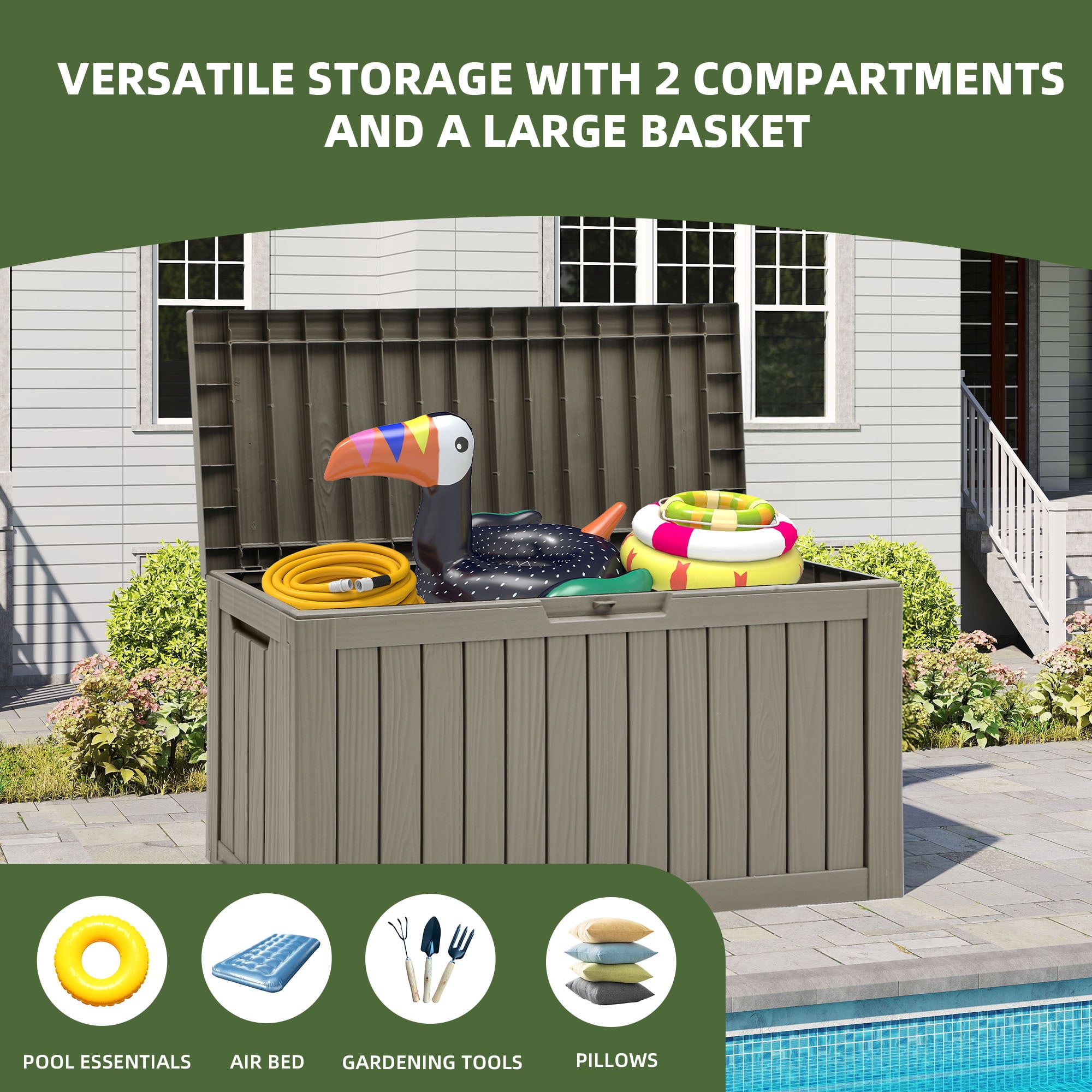 Uforic 72 Gallon Outdoor Resin Storage Box with Wheels, Patio Deck Box for Indoor & Outdoor Use, Ideal for Throw Pillows, Sports Gear & Yard Supplies, Light Brown