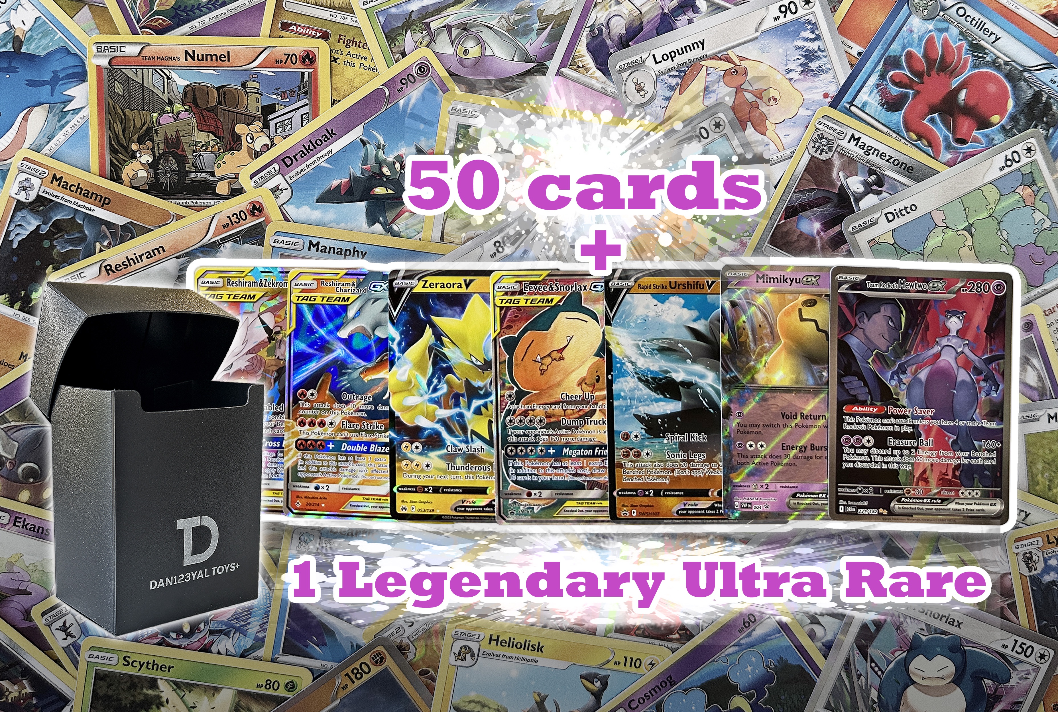 Pokémon Compatible 50 Card Lot with 1 Legendary Ultra Rare Cards Bundle- with Dan123yal Deck Box Included