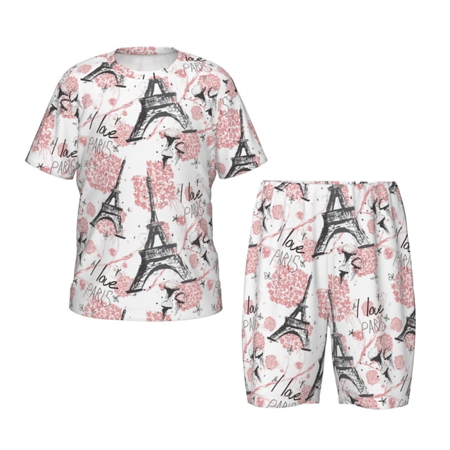 Fotbe Paris Pijama Estampada de 2 Piezas para Niños – Ropa de Dormir de Manga Corta Cómoda para Niños y Niñas, Camiseta y Shorts de Algodón-Medium