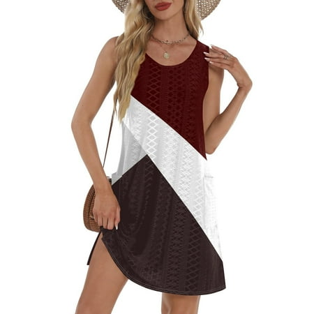 GXIPO Hollow Out Swimdress for Women Women Summer Dresses Sleeveless Casual Bikini Beach Cover Up Bathing Suit Cover Up Tank Sundresses with Pockets Wine 2XL