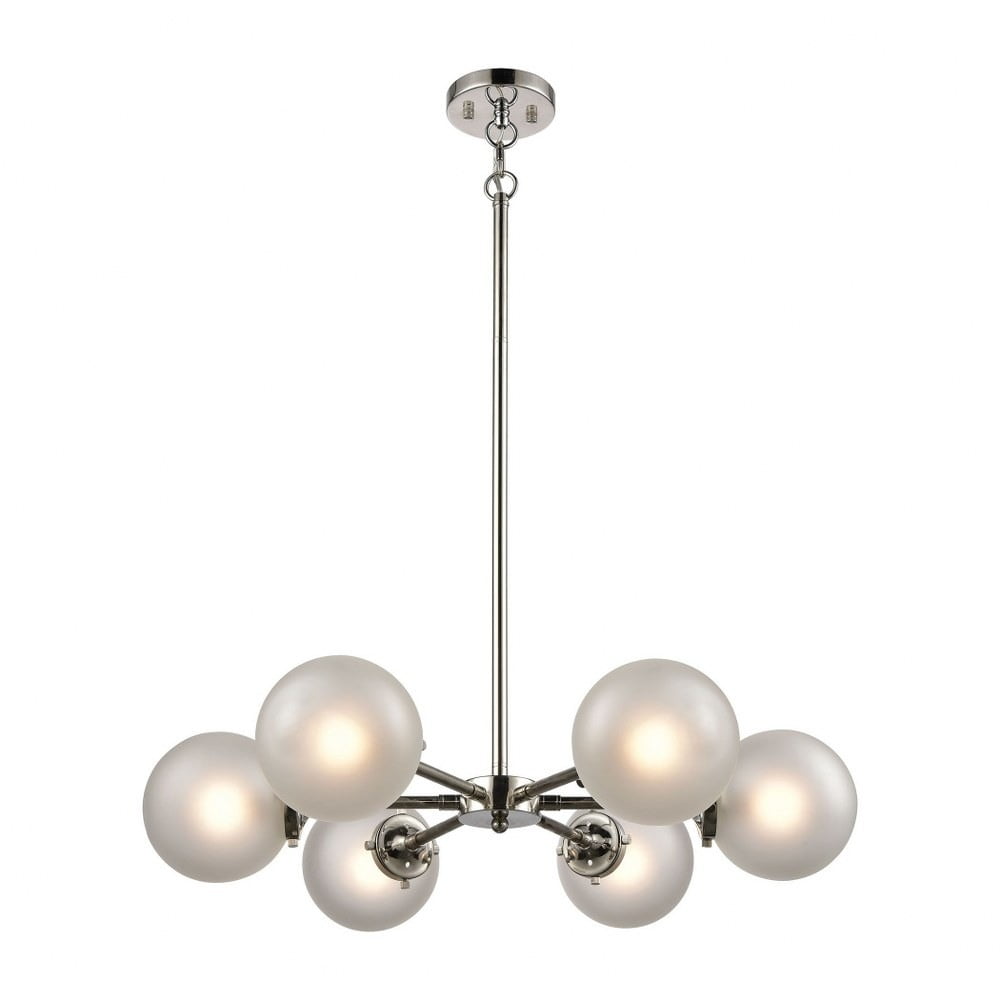 Clear Glass Round Globes Six Light Chandelier in MidCentury Modern