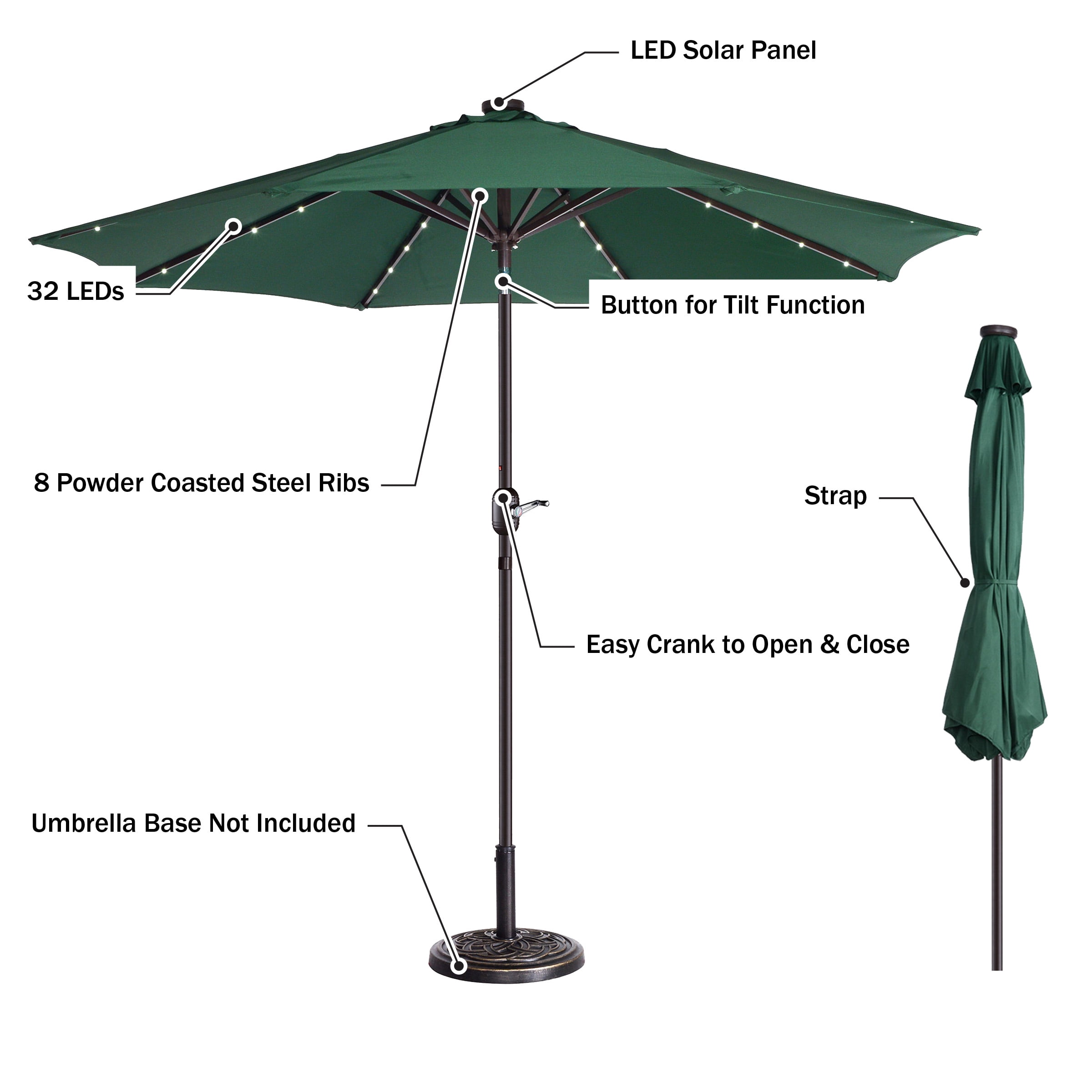 Villacera 9' LED Lighted Outdoor Solar Powered Patio Umbrella with 8 Steel Ribs, Forest Green