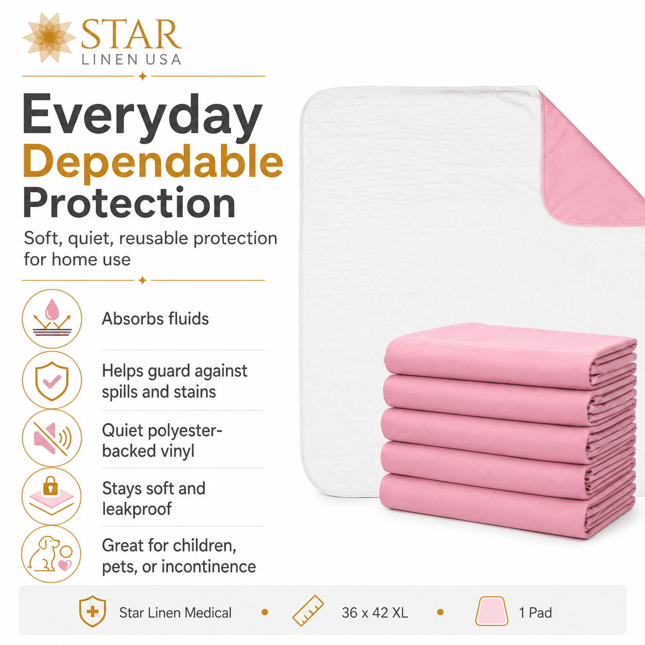 Star Linen | Reusable Bed Pad for Incontinence | 36 x 42 XL | Washable Absorbent Bedwetting Incontinence Sheet Protector