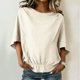 thumbnail image 2 of Camisas de Manga Larga para las Mujeres Suelto Ajuste Plisado Lino Cuello en V Cuarto Superior Manga de Moda de Color Sólido Blusa, 2 of 9