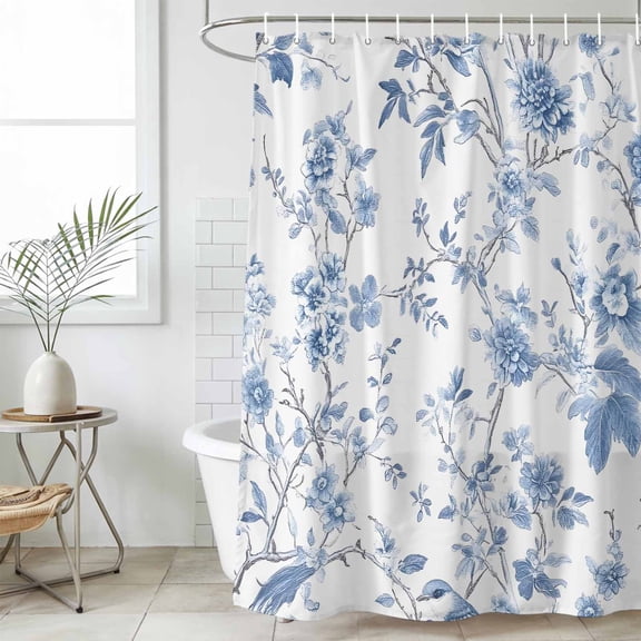 Bathroom Shower Curtain Blue Chinoiserie Floral Waterproof Shower Curtains with Hooks, Bird Seamless Pattern Design Bath Curtains Bathtub Curtain Home Decor 36x72in