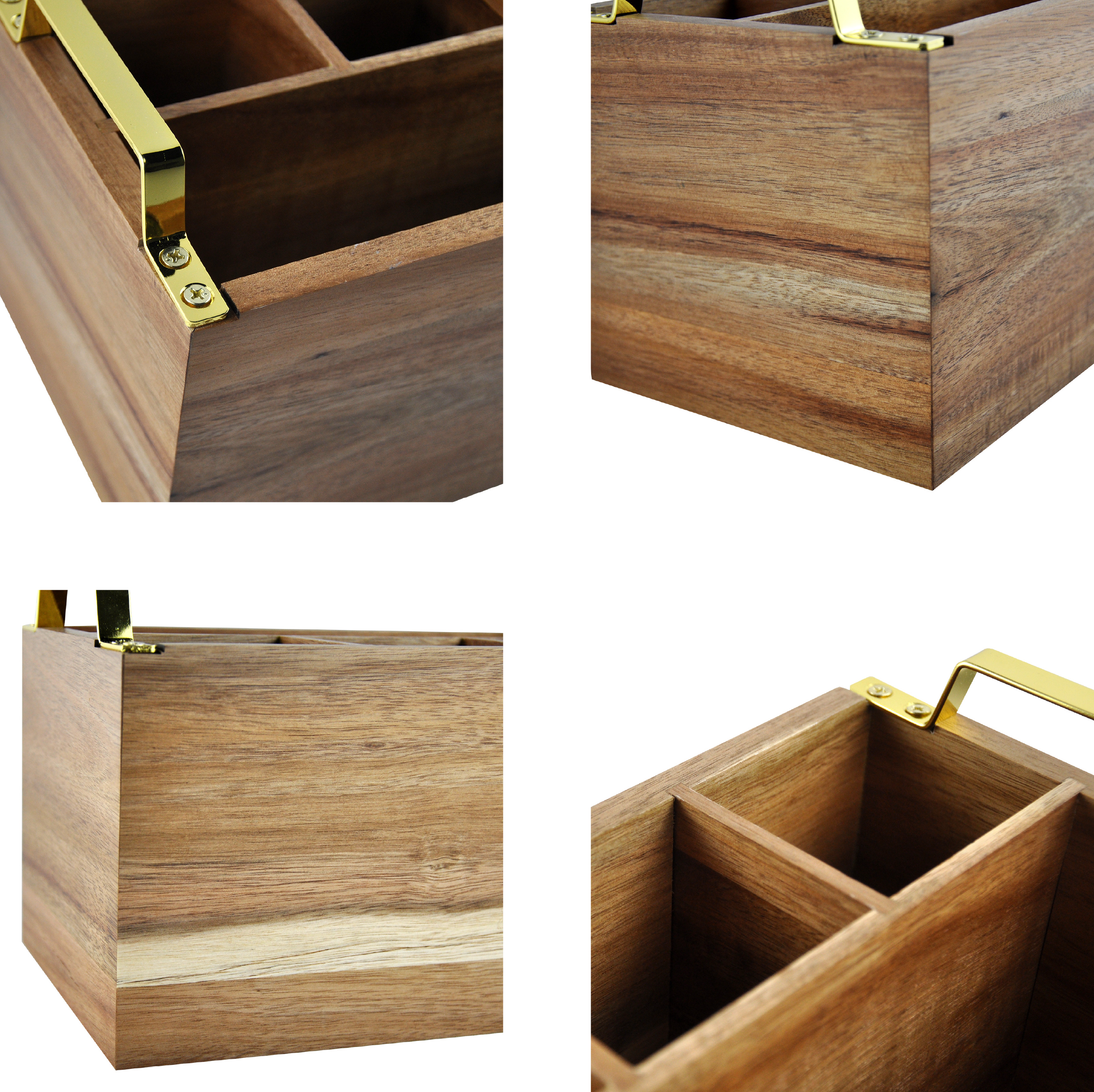 DUCIHBA Cutlery Flatware Caddy - 3 Part Utensil Holder - Metal Handle for Kitchen Counter - Wood, Brown - 10" W x 6" D x 6.5" H