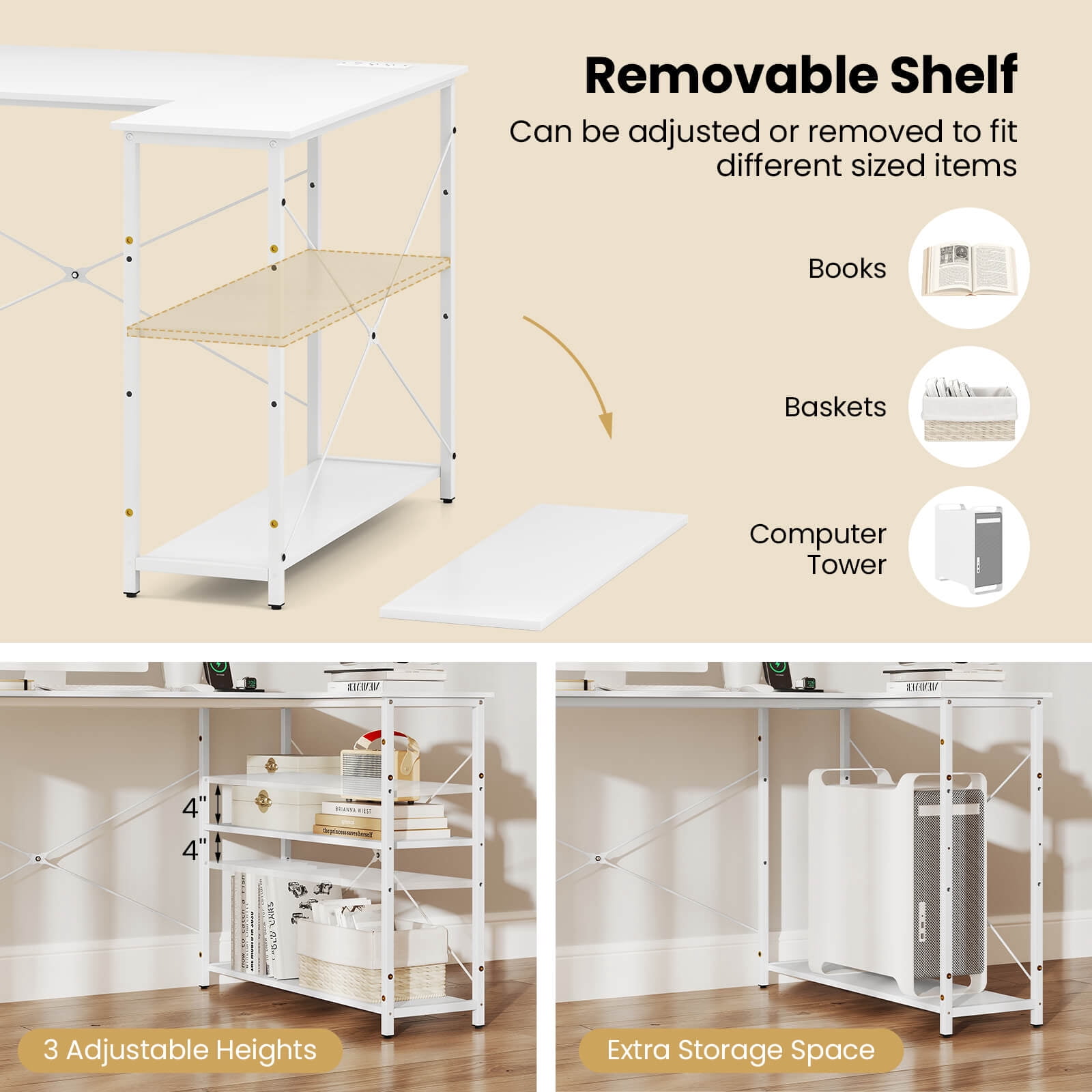 Costway L-Shaped Computer Desk with Power Outlets Adjustable shelf Heavy-Duty Metal Frame White