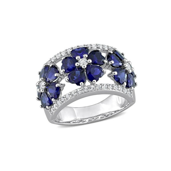 4.49 Carat (Ctw) Lab-Created Blue Sapphire Flower Band Ring in Sterling Silver for Women