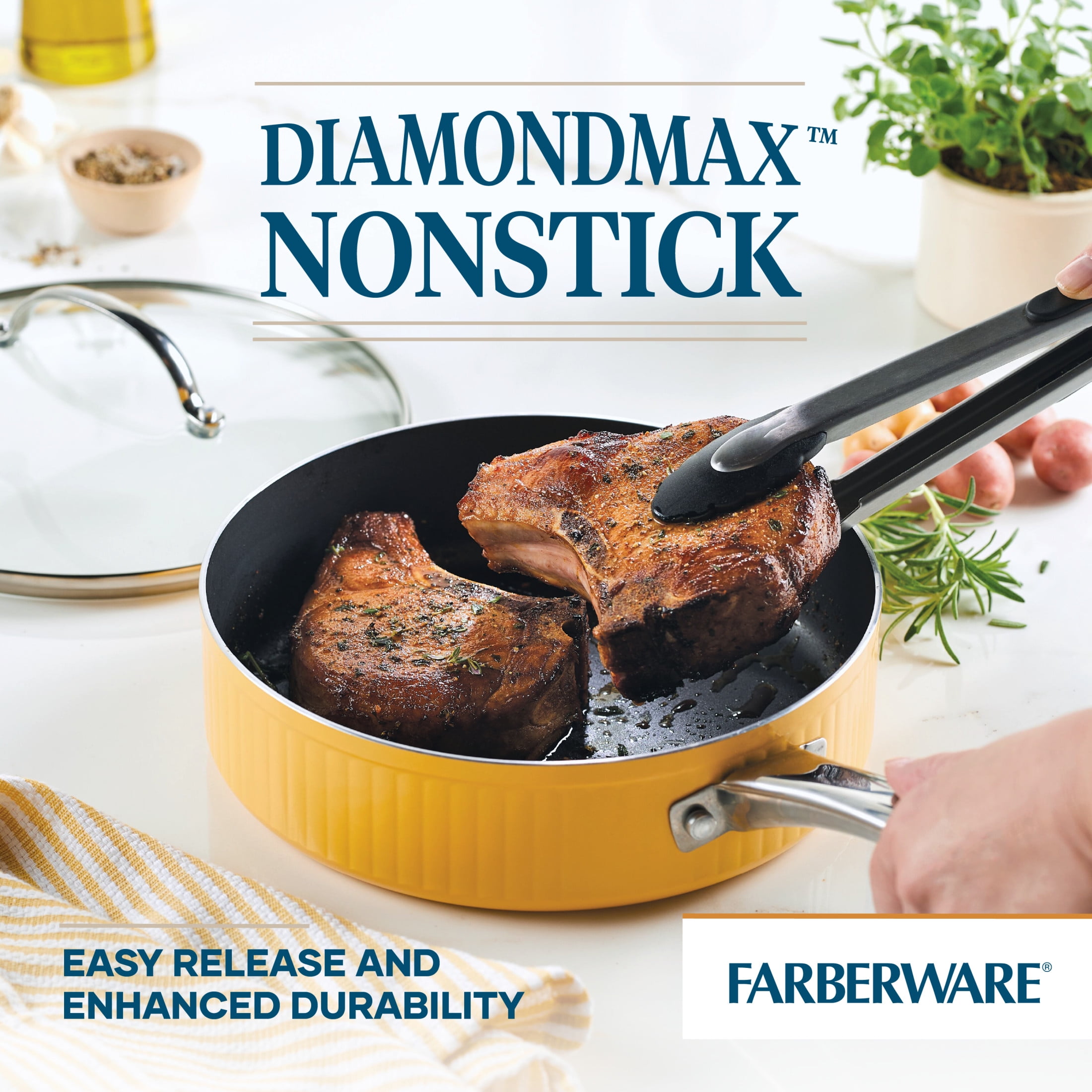 Farberware Style 3 qt Nonstick Saute Pan with Tempered Glass Lid, Dishwasher Safe, Oven Safe to 500°F, Yellow