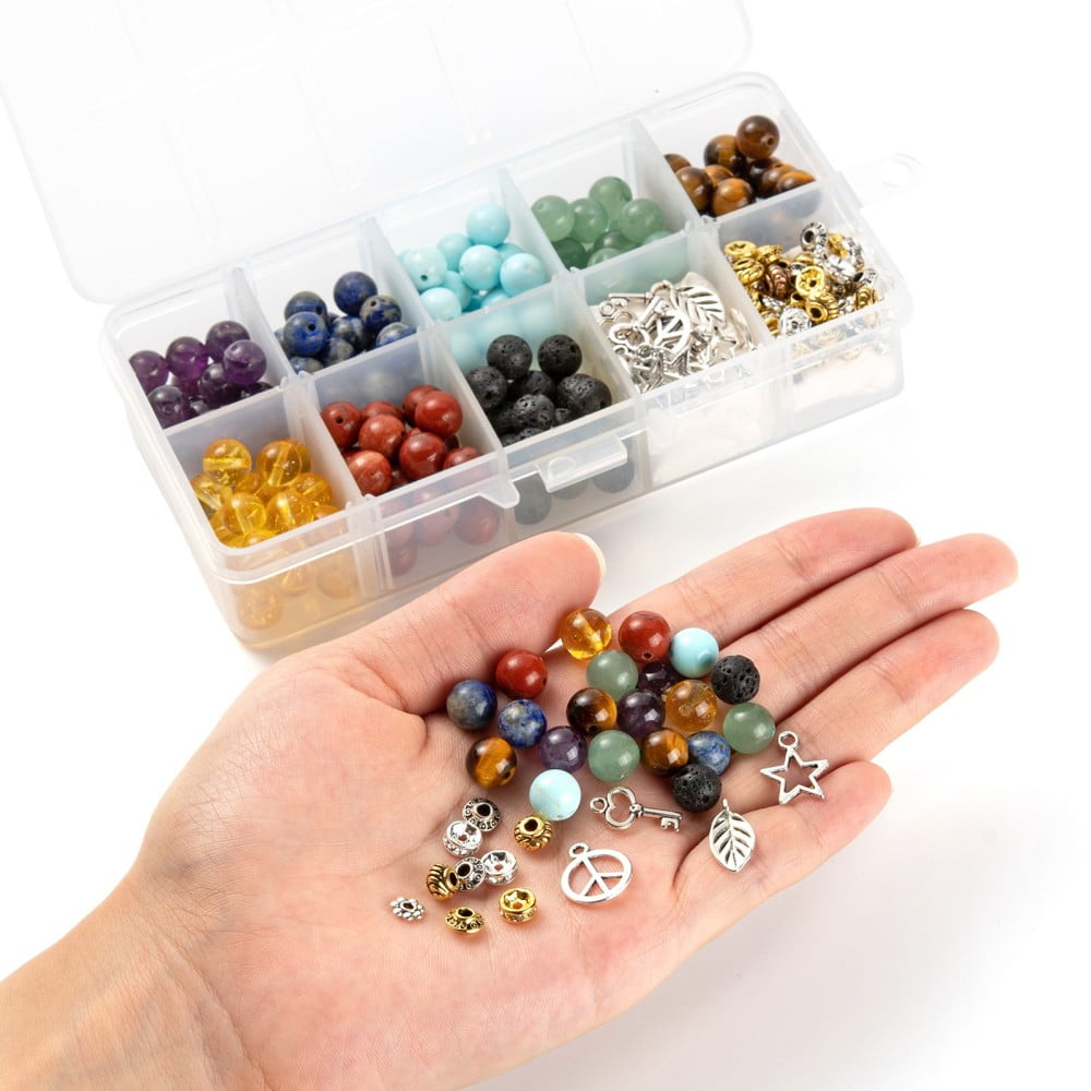 280Pcs 8 Styles 8mm Gemstone Beads Healing Stone Kits with Alloy Star Peace Sign Key Charms Spacer Beads for DIY Gemstone Bracelets Making diy