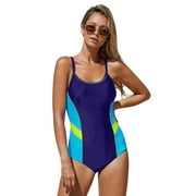 Women Swimsuit One Piece Swimwear Celebrity Blue Athletic Color Block Spaghetti Straps (multicolor, small)